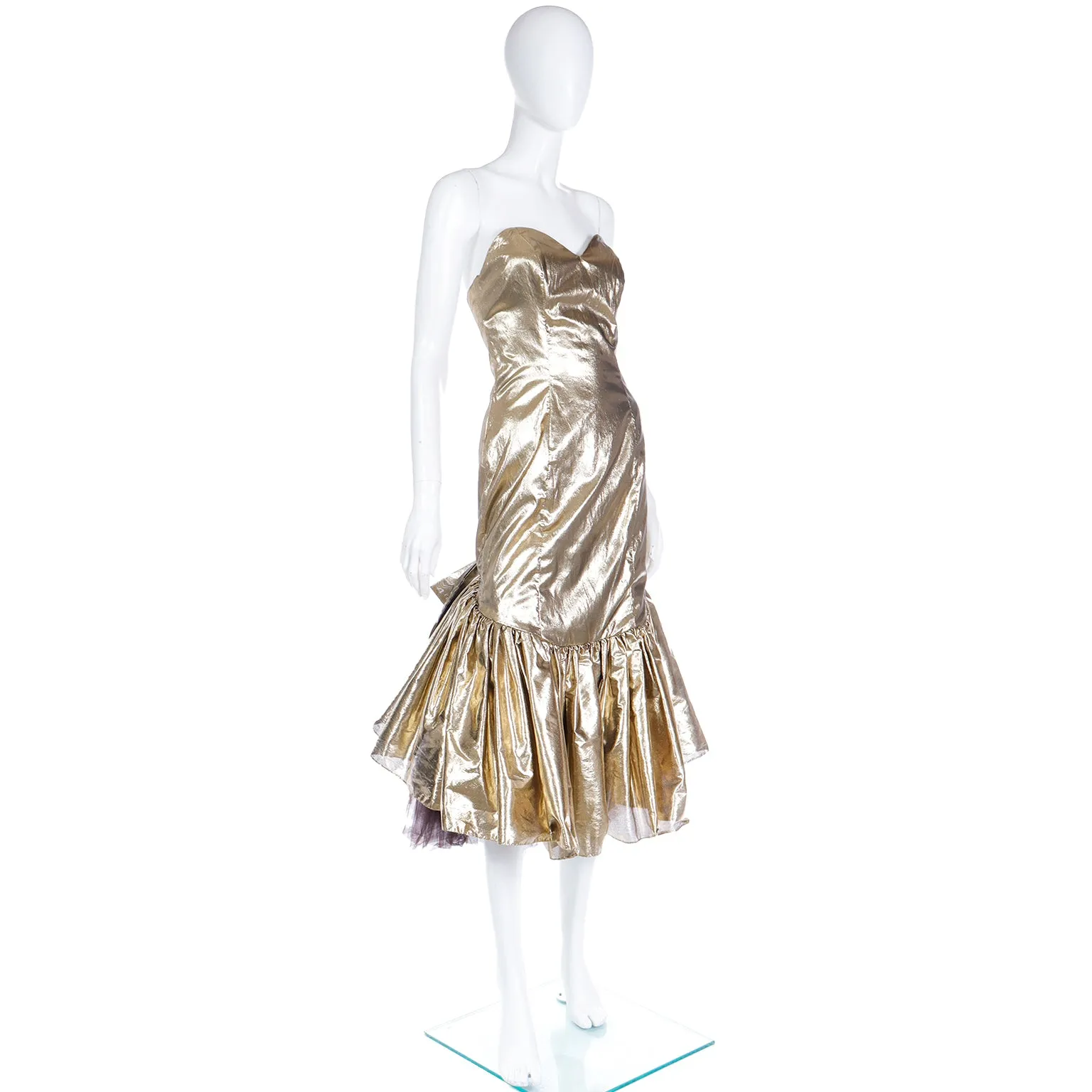 1980s Gold Lame Strapless Ruffled Evening Dress w Tulle