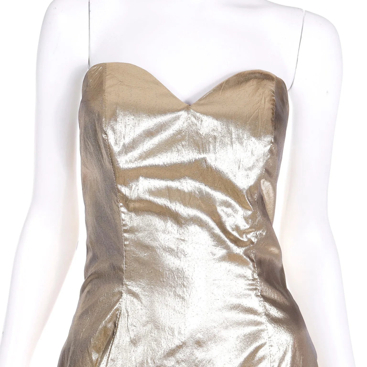 1980s Gold Lame Strapless Ruffled Evening Dress w Tulle