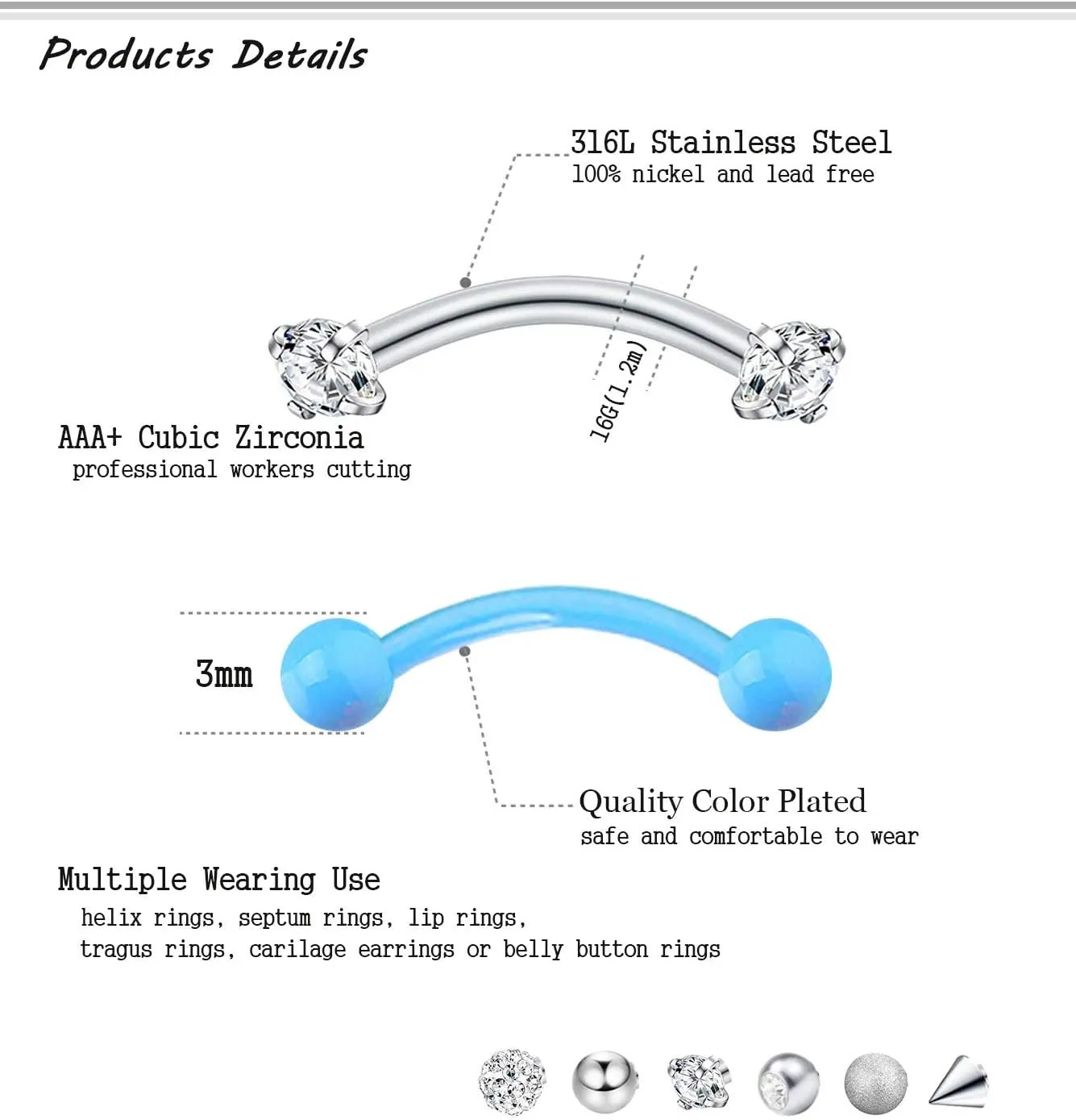 20-48Pcs 16G Eyebrow Piercing Rook Curved Barbell Kit Eyebrow Tragus Lip Rings for Women Men 8-10mm