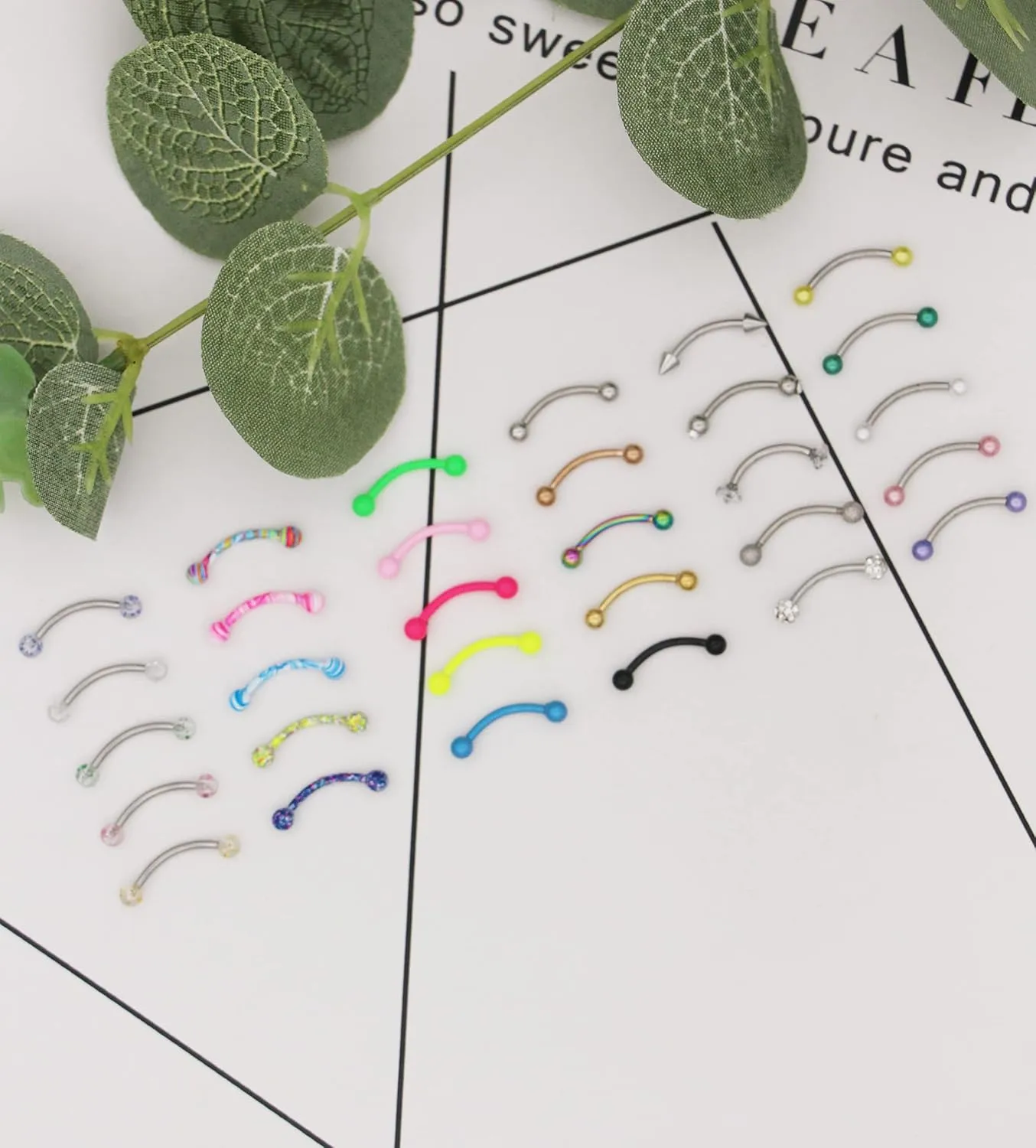 20-48Pcs 16G Eyebrow Piercing Rook Curved Barbell Kit Eyebrow Tragus Lip Rings for Women Men 8-10mm