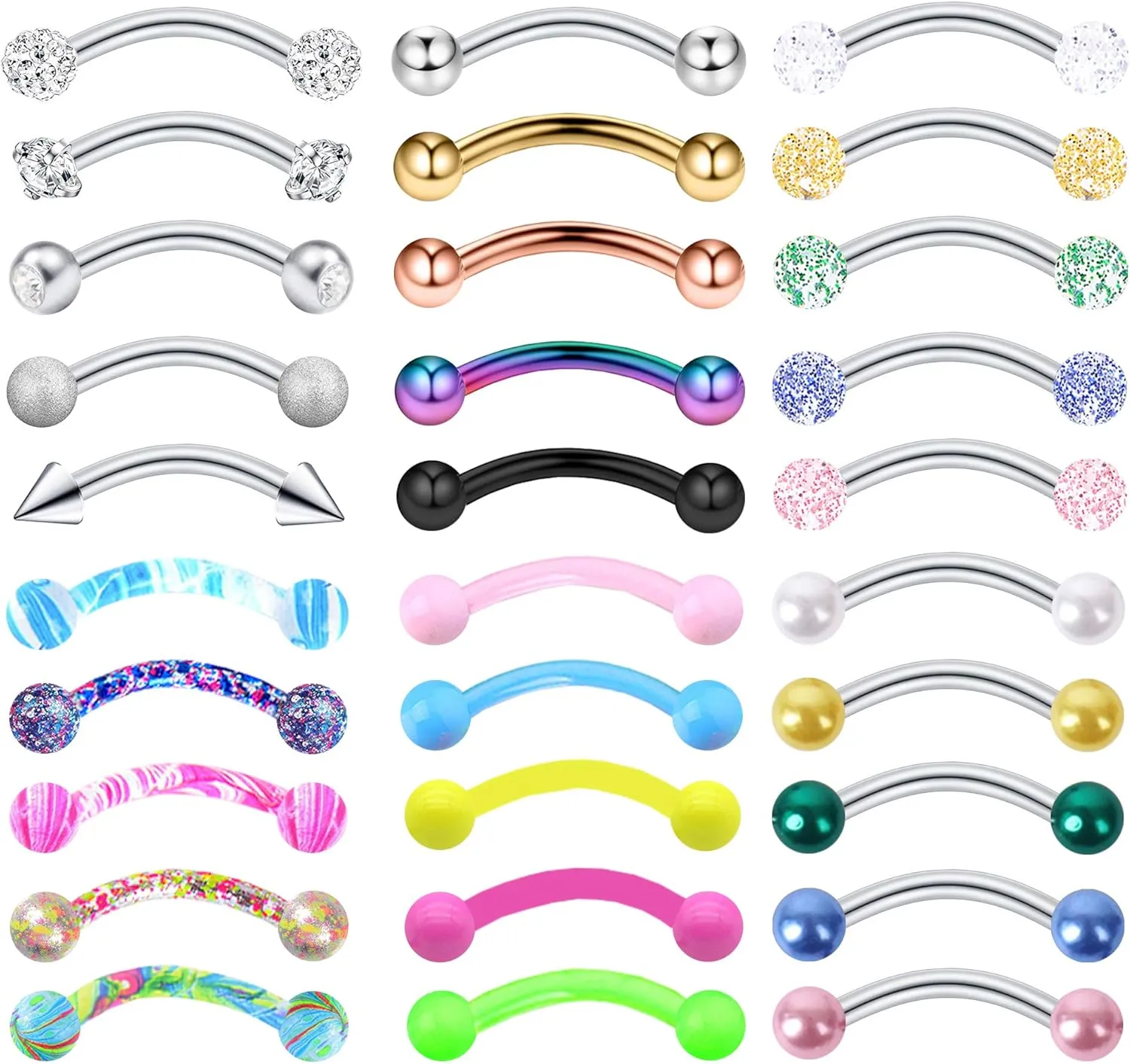 20-48Pcs 16G Eyebrow Piercing Rook Curved Barbell Kit Eyebrow Tragus Lip Rings for Women Men 8-10mm