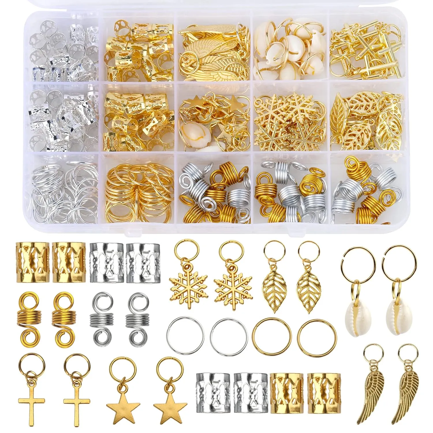 200PCS Hair Beads for Women Braids, Loc Jewelry for Hair, Dreadlocks Accessories, Metal Gold Silver Clips Cuffs Coils Shells Rings for Hair Braiding Beard Decoration for Girls Women
