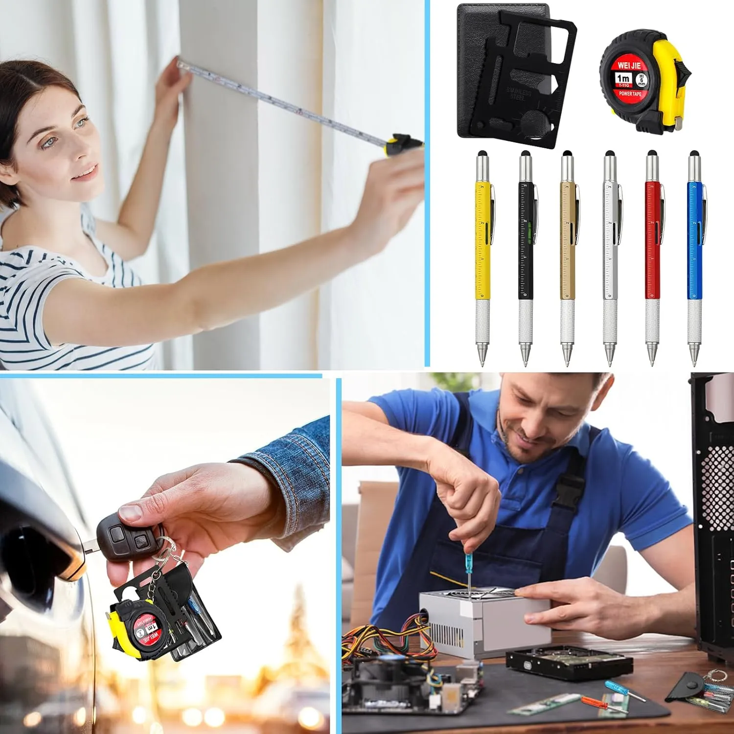 96 Pcs Mini Tape Screwdriver Keychain Set Fathers Gifts Employee Coworkers Men Gifts Bulk Adult Party Favors Measuring Keychains Multitool Pen Card Tool for Men Dad (Multicolor)