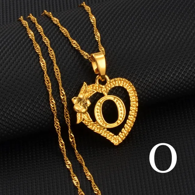 A-Z Gold Color Flower Heart Letters Charm Pendant Necklaces