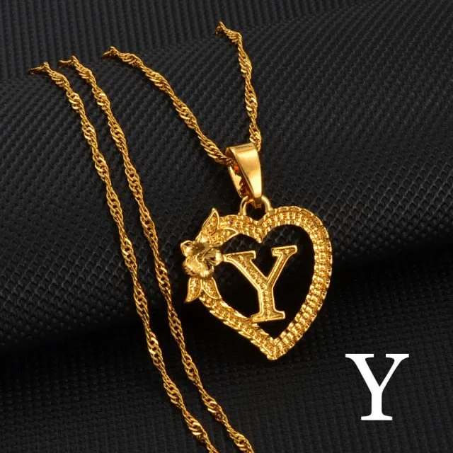 A-Z Gold Color Flower Heart Letters Charm Pendant Necklaces