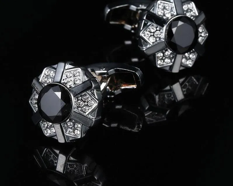 BLACK SILVER RHINESTONE CUFFLINKS