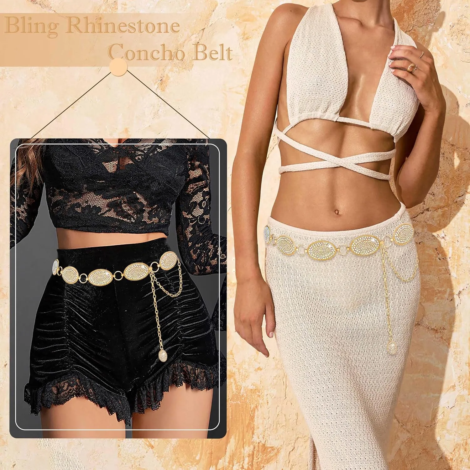 Bling Rhinestone Concho Belt Heavy Metal Western Crystal Chain Belt Cowgirl Sparkly Waist Chain for Women Dress