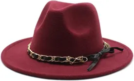 DHAEY New Golden Chain Bow Belt Woolen Hat European and American Jazz Felt Hat Men's and Women's Large Flat Brimmed Hat Luopan Caps & Hats(Claret)
