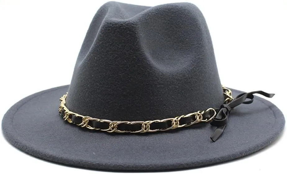 DHAEY New Golden Chain Bow Belt Woolen Hat European and American Jazz Felt Hat Men's and Women's Large Flat Brimmed Hat Luopan Caps & Hats(Dark Grey)