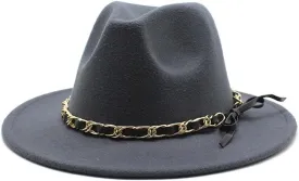 DHAEY New Golden Chain Bow Belt Woolen Hat European and American Jazz Felt Hat Men's and Women's Large Flat Brimmed Hat Luopan Caps & Hats(Dark Grey)
