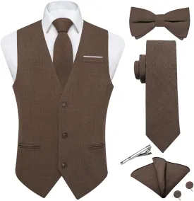 DiBanGu Mens Linen Suit Vest Casual Waistcoat and Necktie & Pre-tied Bowtie Set 6PCS Solid Color Dress Vest for Wedding Party