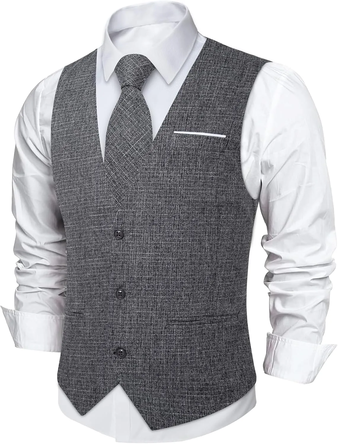DiBanGu Mens Linen Suit Vest Casual Waistcoat and Necktie & Pre-tied Bowtie Set 6PCS Solid Color Dress Vest for Wedding Party