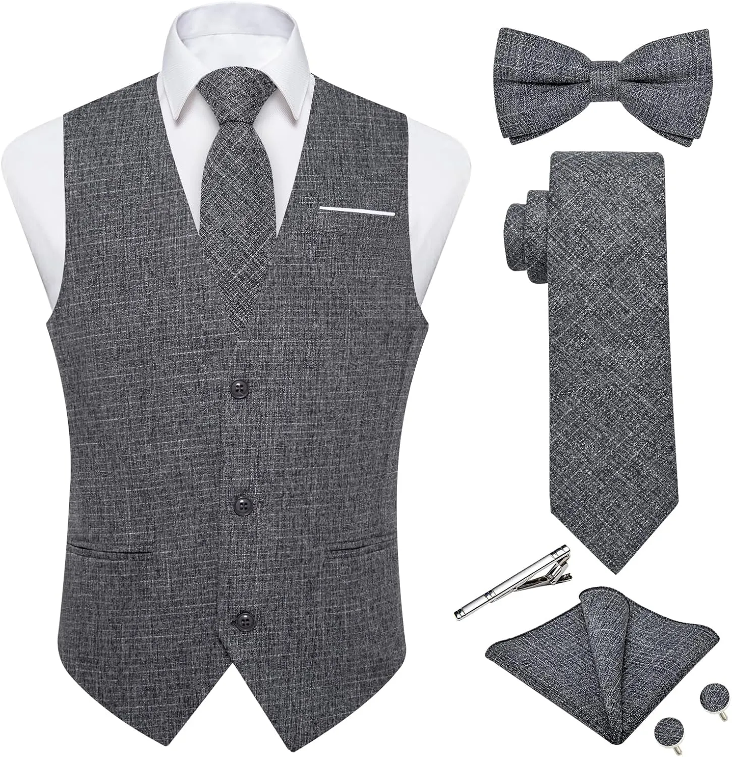 DiBanGu Mens Linen Suit Vest Casual Waistcoat and Necktie & Pre-tied Bowtie Set 6PCS Solid Color Dress Vest for Wedding Party