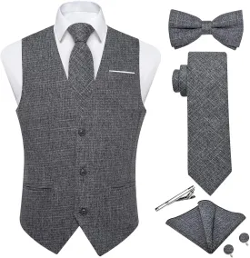 DiBanGu Mens Linen Suit Vest Casual Waistcoat and Necktie & Pre-tied Bowtie Set 6PCS Solid Color Dress Vest for Wedding Party