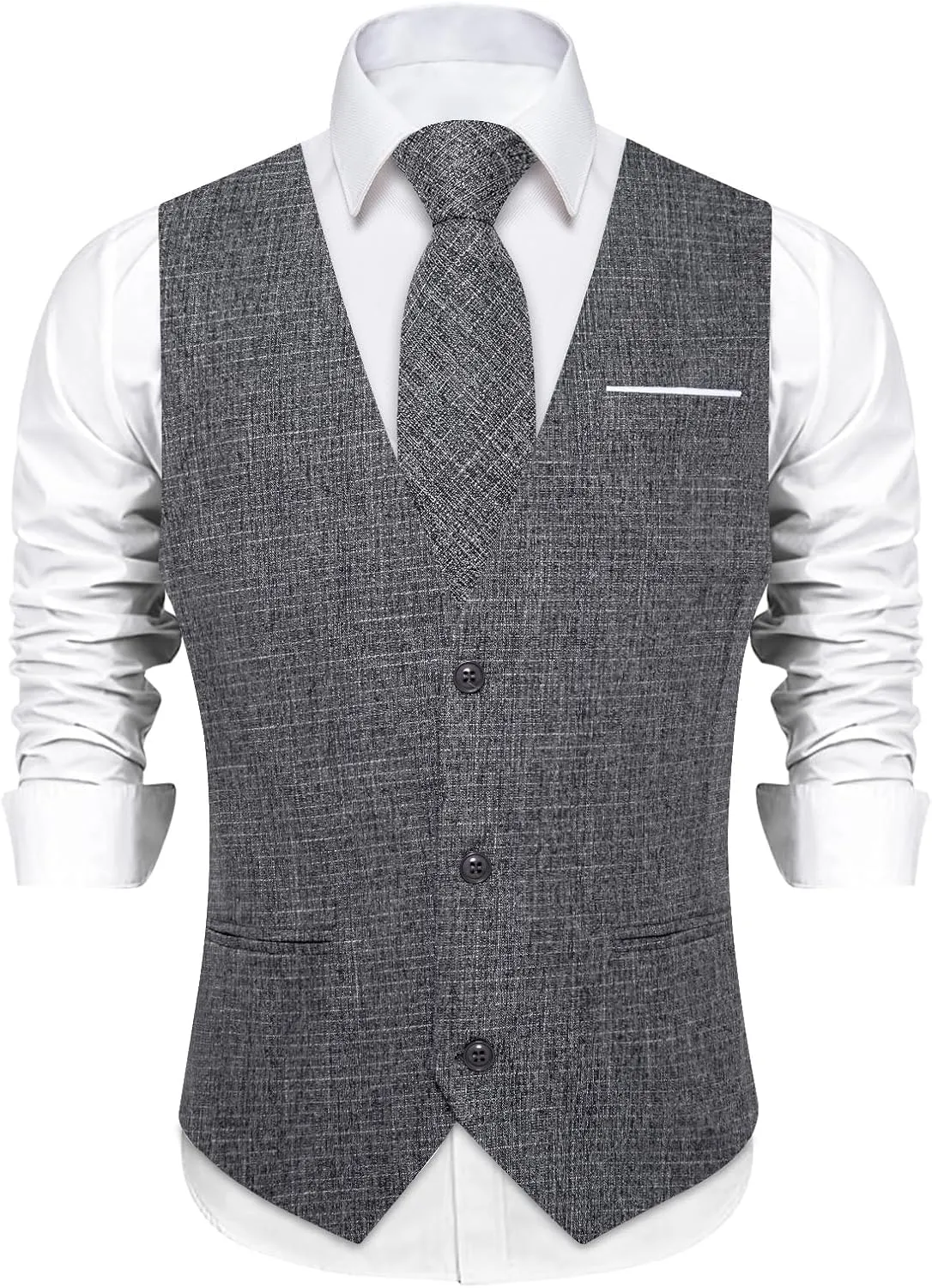 DiBanGu Mens Linen Suit Vest Casual Waistcoat and Necktie & Pre-tied Bowtie Set 6PCS Solid Color Dress Vest for Wedding Party