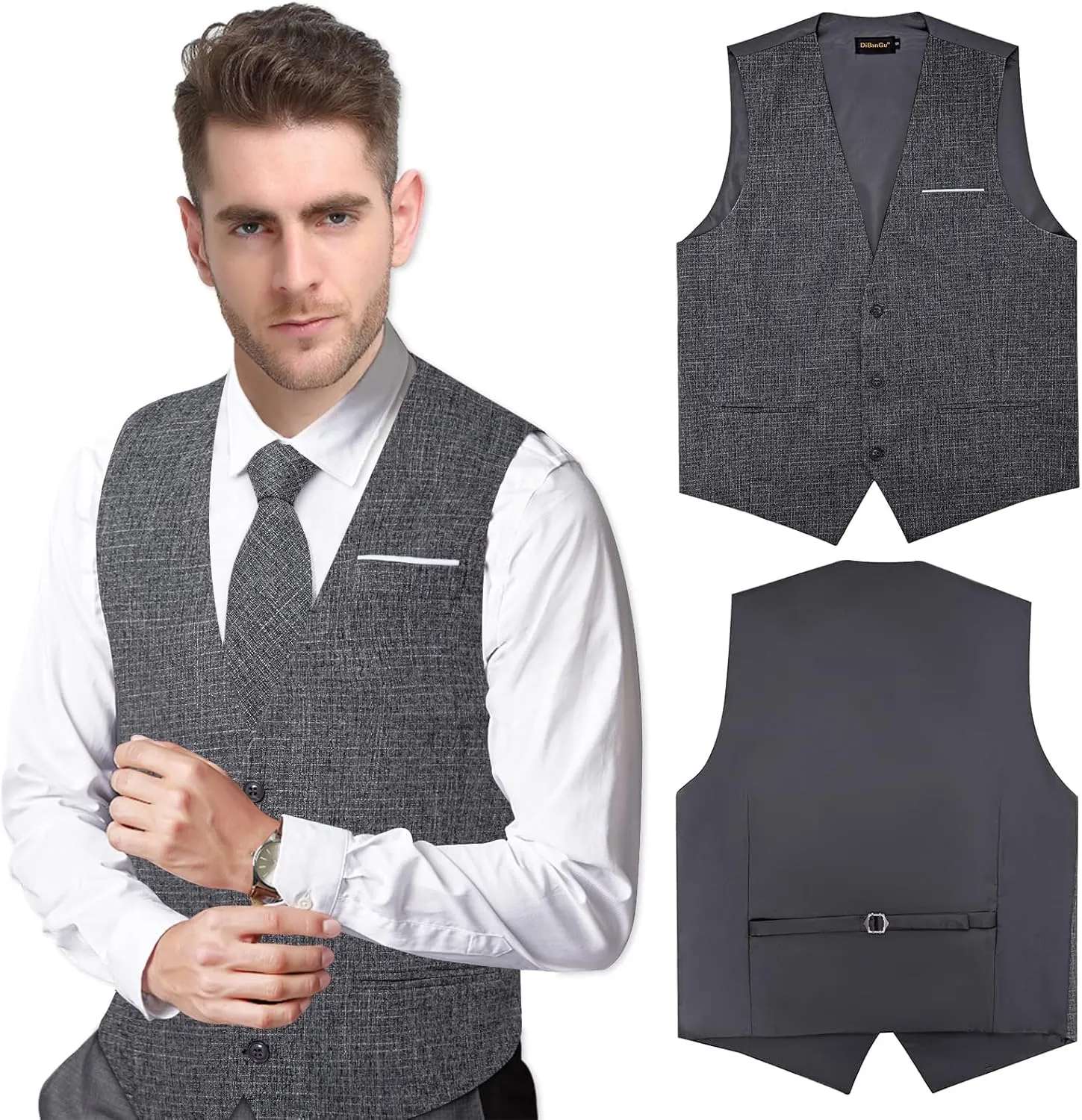 DiBanGu Mens Linen Suit Vest Casual Waistcoat and Necktie & Pre-tied Bowtie Set 6PCS Solid Color Dress Vest for Wedding Party