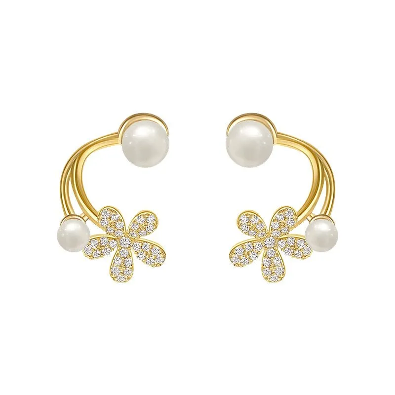 Elegant Inlaid Pearl Flower Earrings Zircon Gift For Women Jewelry