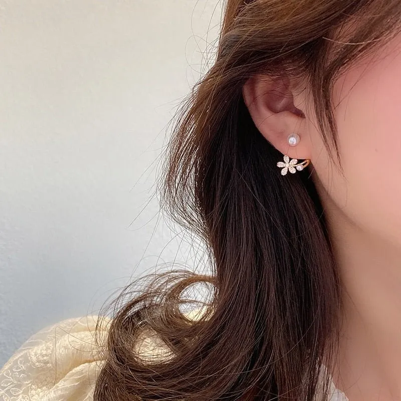 Elegant Inlaid Pearl Flower Earrings Zircon Gift For Women Jewelry