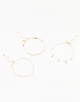 Gold Pearl Diamante Drop Anklets 3-Pack
