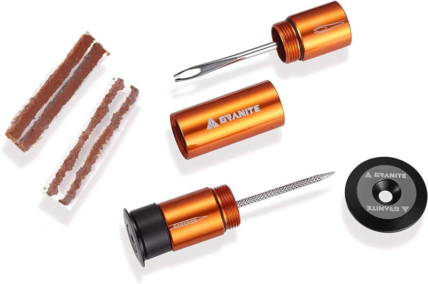 Granite Stash Tubeless Flat Tire Repair Kit Bike Tool Kit - Easy Handlebar Storage - Complete Bike Tire Plug Kit - 2 Different Size Tire Plugs - Portable - Easy and Effortless Usage (Orange)