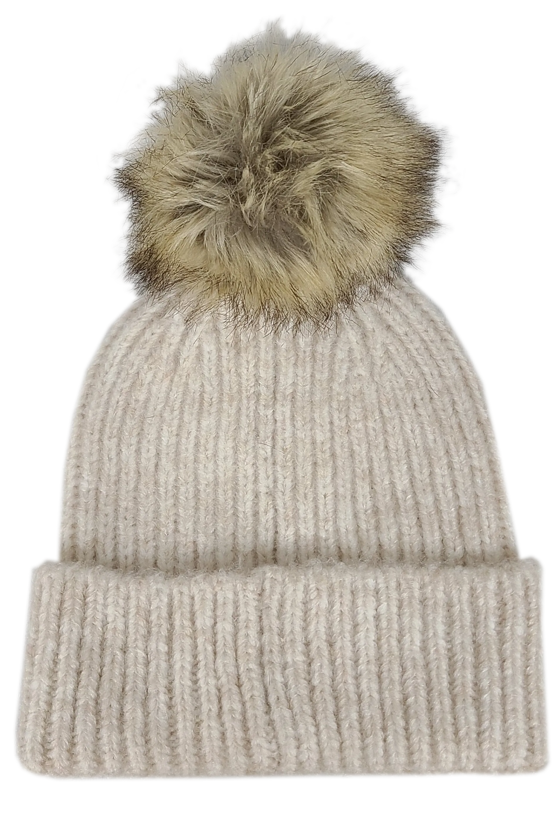 Hat-2074 Beanie with Faux Fur Pom Oatmeal