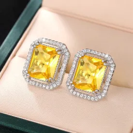 Huitan Geometric Stud Earrings with Yellow Cubic Zirconia Trendy Luxury Bright Color Earrings for Women Temperament Lady Jewelry