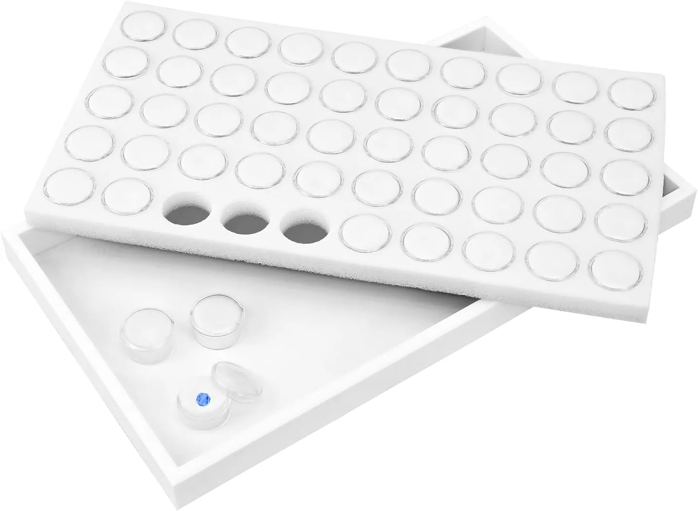Ikee Design 50 White Foam Gem and Bead Storage Jars Showcase Stackable Display Tray Storage Box for Collectibles, Home Organization, 14.75 W x 8.25 D x 1 H in