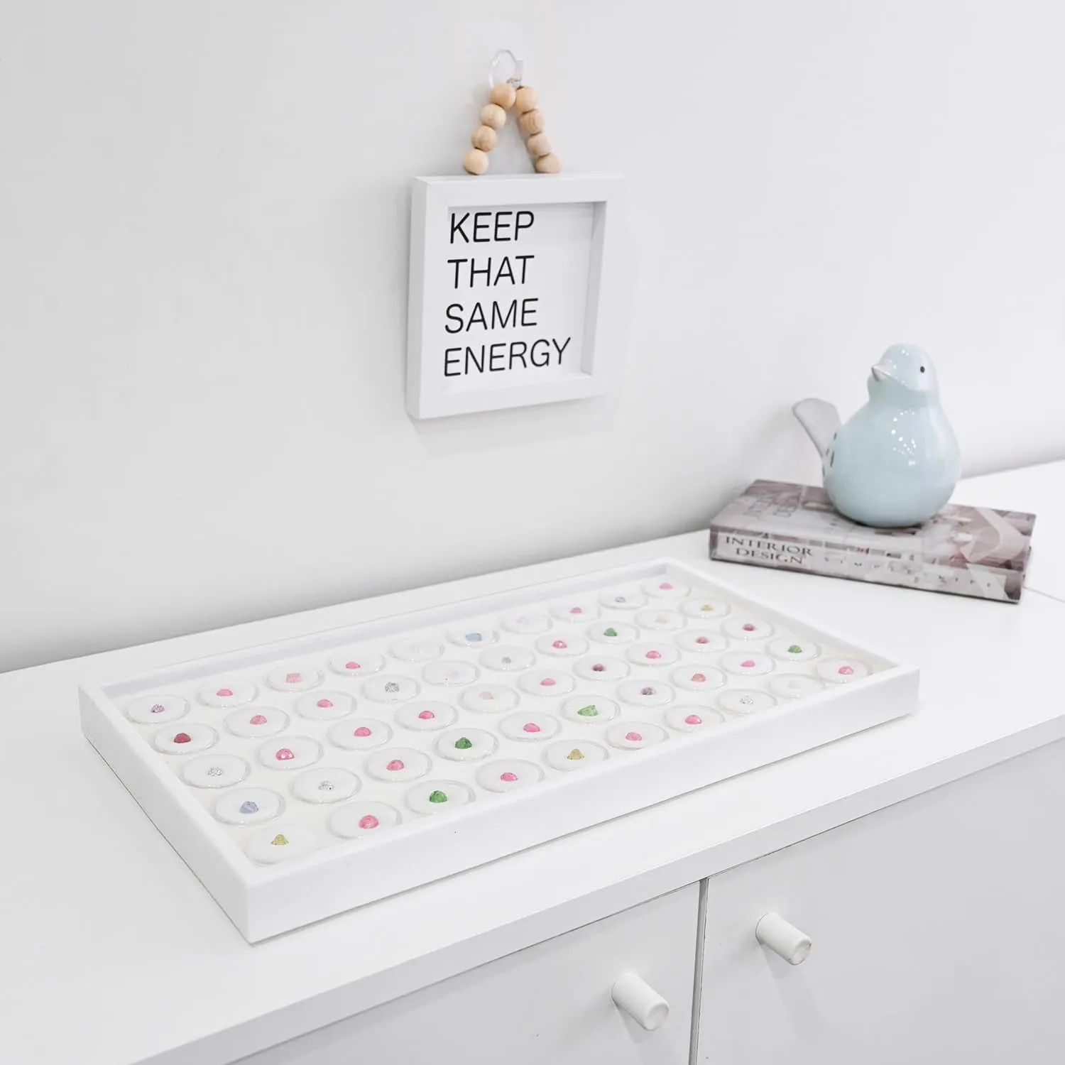 Ikee Design 50 White Foam Gem and Bead Storage Jars Showcase Stackable Display Tray Storage Box for Collectibles, Home Organization, 14.75 W x 8.25 D x 1 H in
