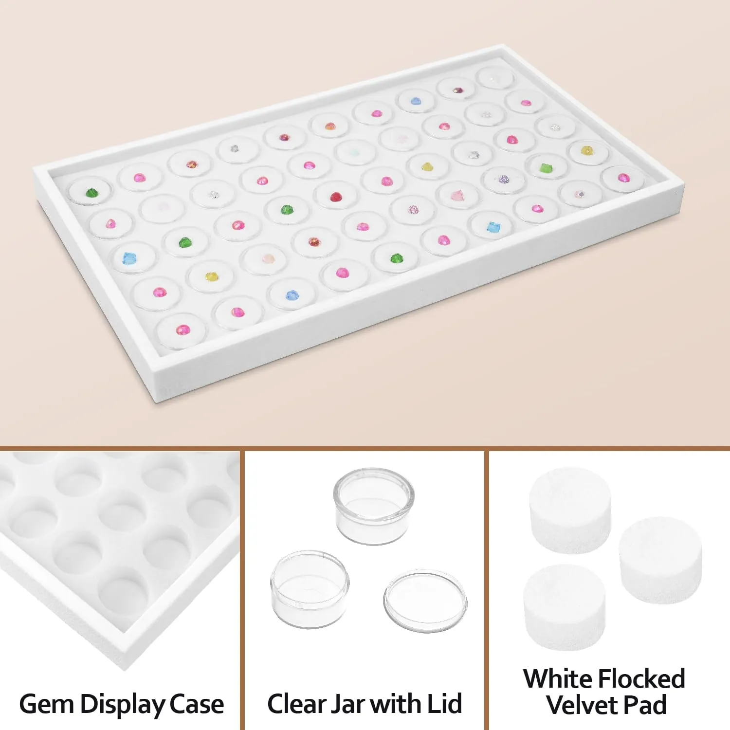 Ikee Design 50 White Foam Gem and Bead Storage Jars Showcase Stackable Display Tray Storage Box for Collectibles, Home Organization, 14.75 W x 8.25 D x 1 H in