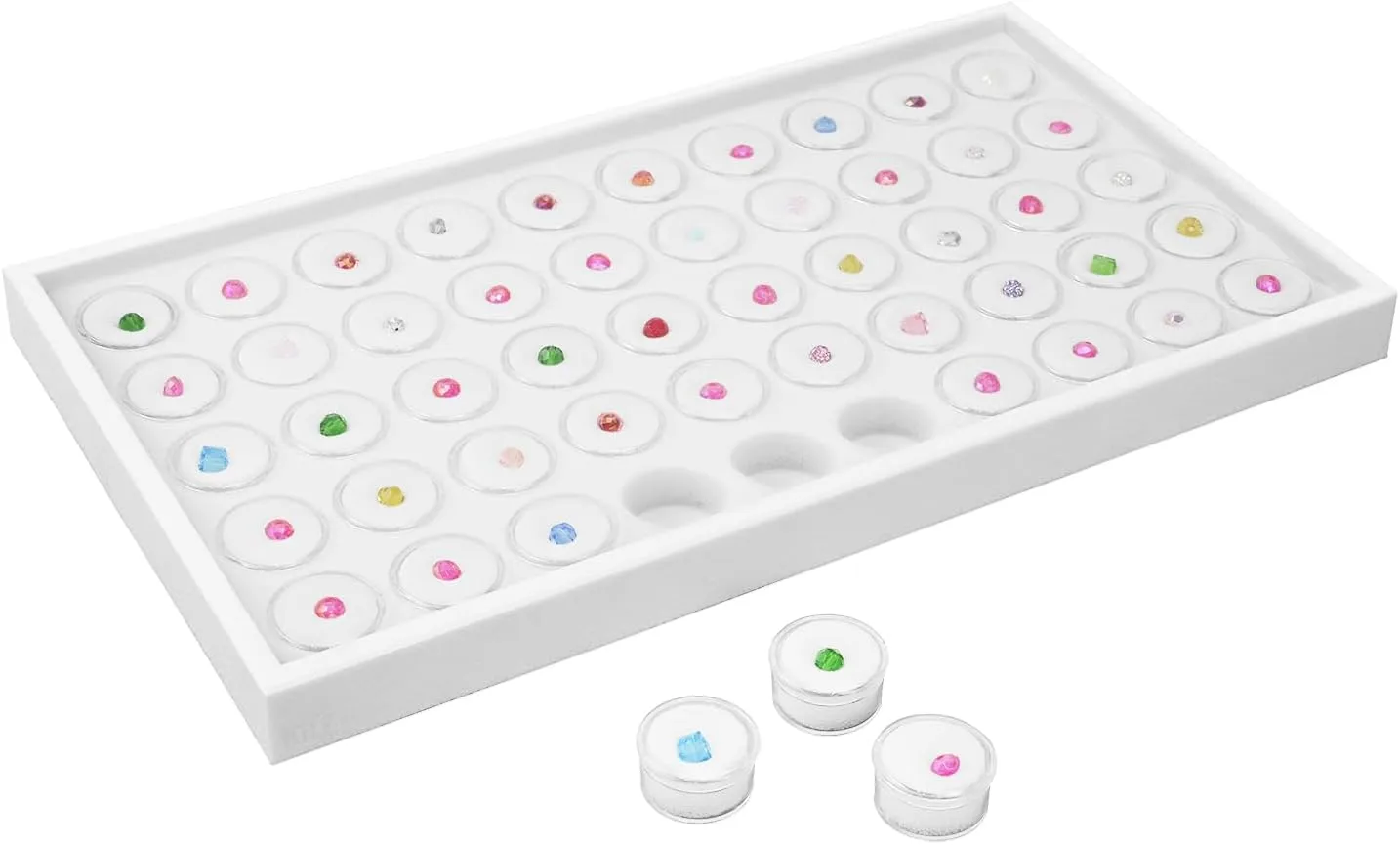 Ikee Design 50 White Foam Gem and Bead Storage Jars Showcase Stackable Display Tray Storage Box for Collectibles, Home Organization, 14.75 W x 8.25 D x 1 H in