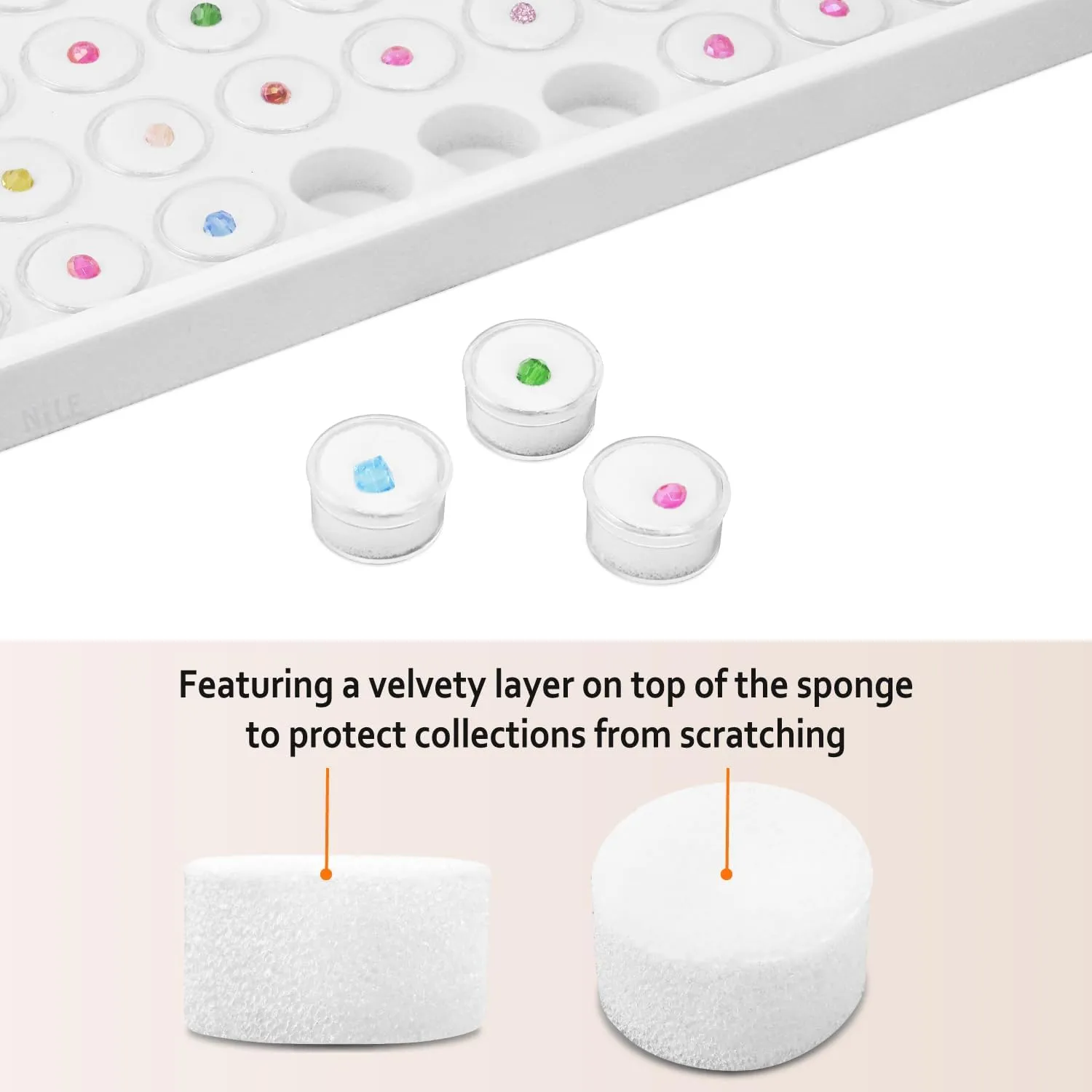 Ikee Design 50 White Foam Gem and Bead Storage Jars Showcase Stackable Display Tray Storage Box for Collectibles, Home Organization, 14.75 W x 8.25 D x 1 H in