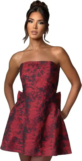 JUMISEE Embroidery Satin Homecoming Dress with Bow Modest Strapless Mini Dresses A Line Short Prom Dress Party Gown