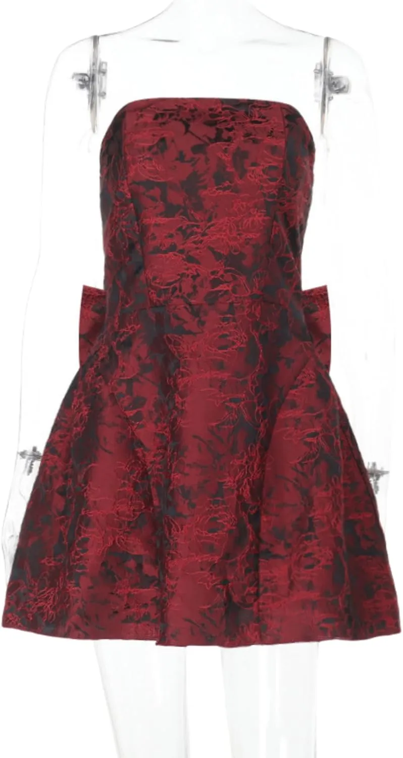JUMISEE Embroidery Satin Homecoming Dress with Bow Modest Strapless Mini Dresses A Line Short Prom Dress Party Gown