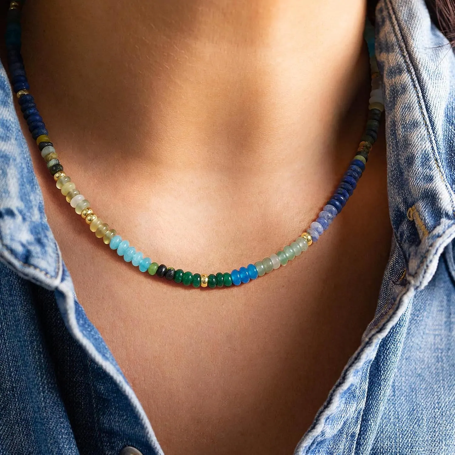 KELORIS PATH Beaded Necklace for Women, Colorful Gemstone Boho Bead Choker for Beach, Trendy Summer Natural Stone Jewelry Gifts