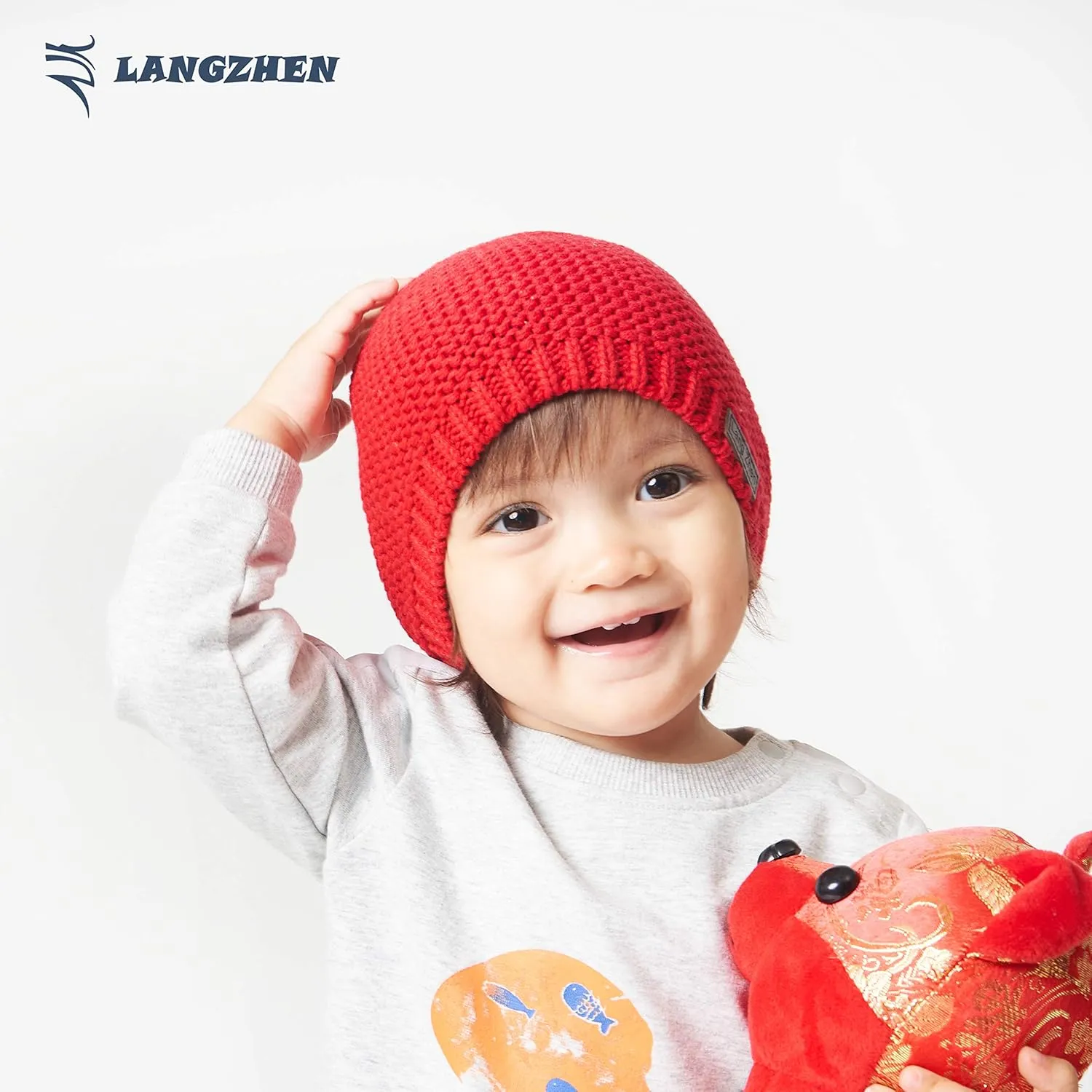 LANGZHEN Winter Warm Knitted Baby Hats for Girls Pom Pom Kid Toddler Boys Beanies Cap with Fleece Lining