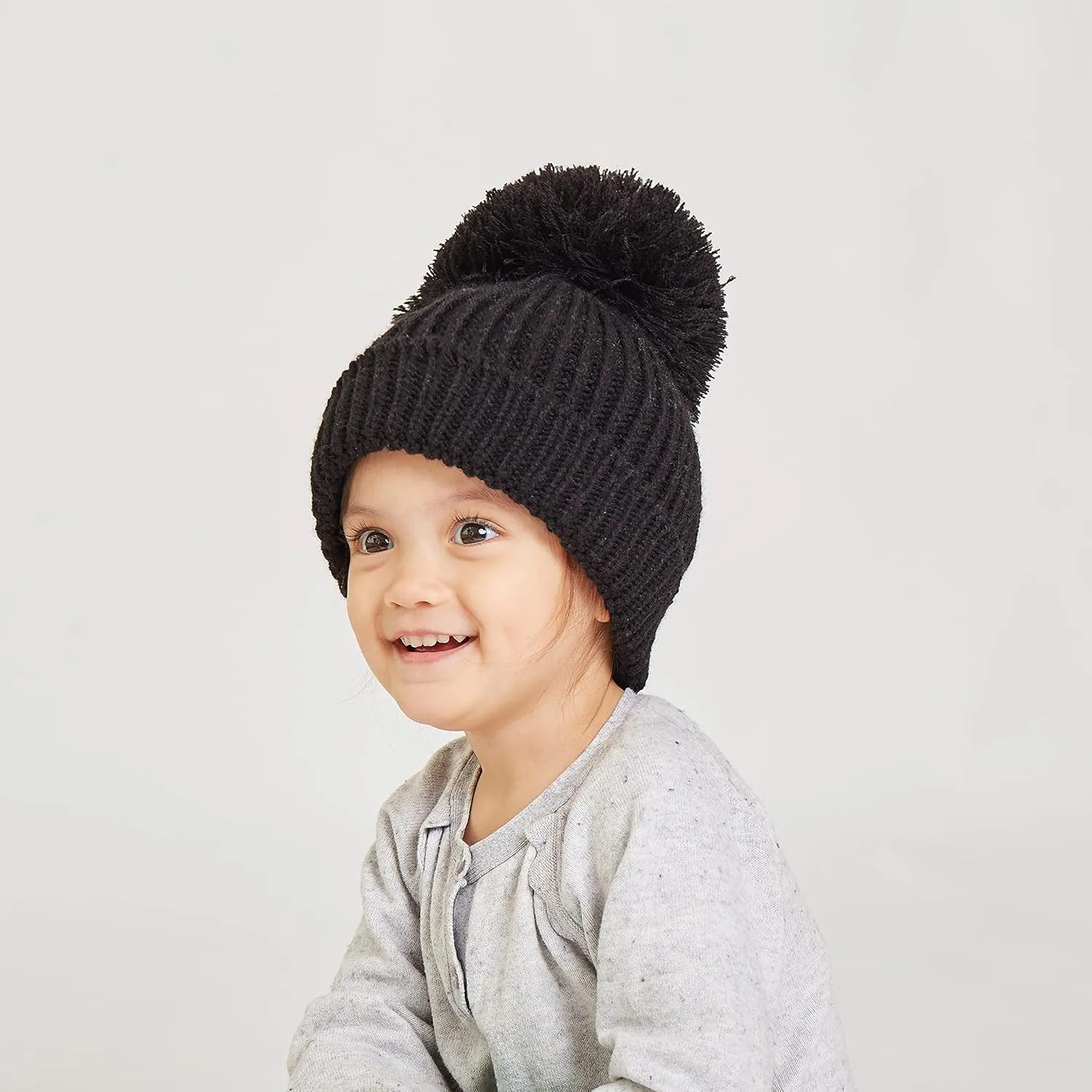 LANGZHEN Winter Warm Knitted Baby Hats for Girls Pom Pom Kid Toddler Boys Beanies Cap with Fleece Lining