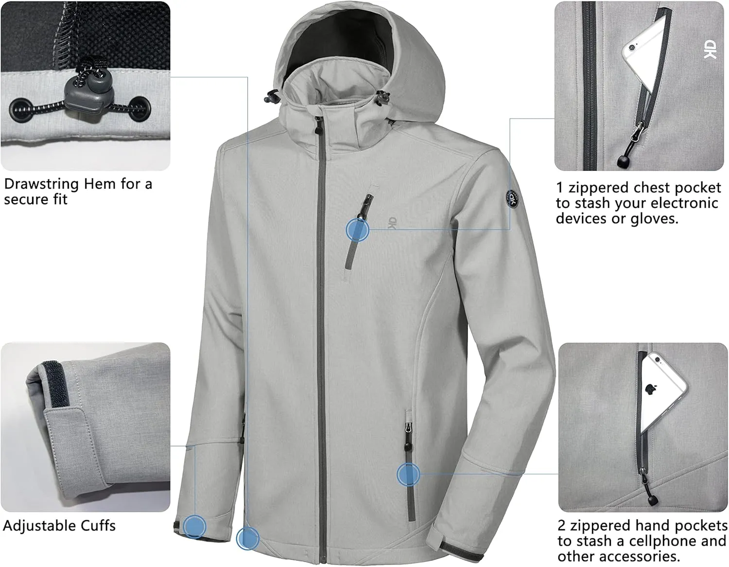 Little Donkey Andy Men's Softshell Jacket Ski Jacket with Removable Hood, Fleece Lined