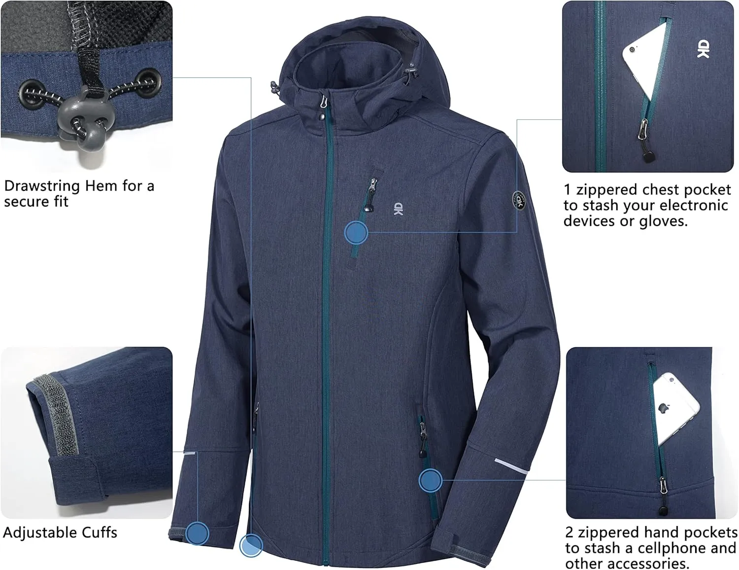 Little Donkey Andy Men's Softshell Jacket Ski Jacket with Removable Hood, Fleece Lined