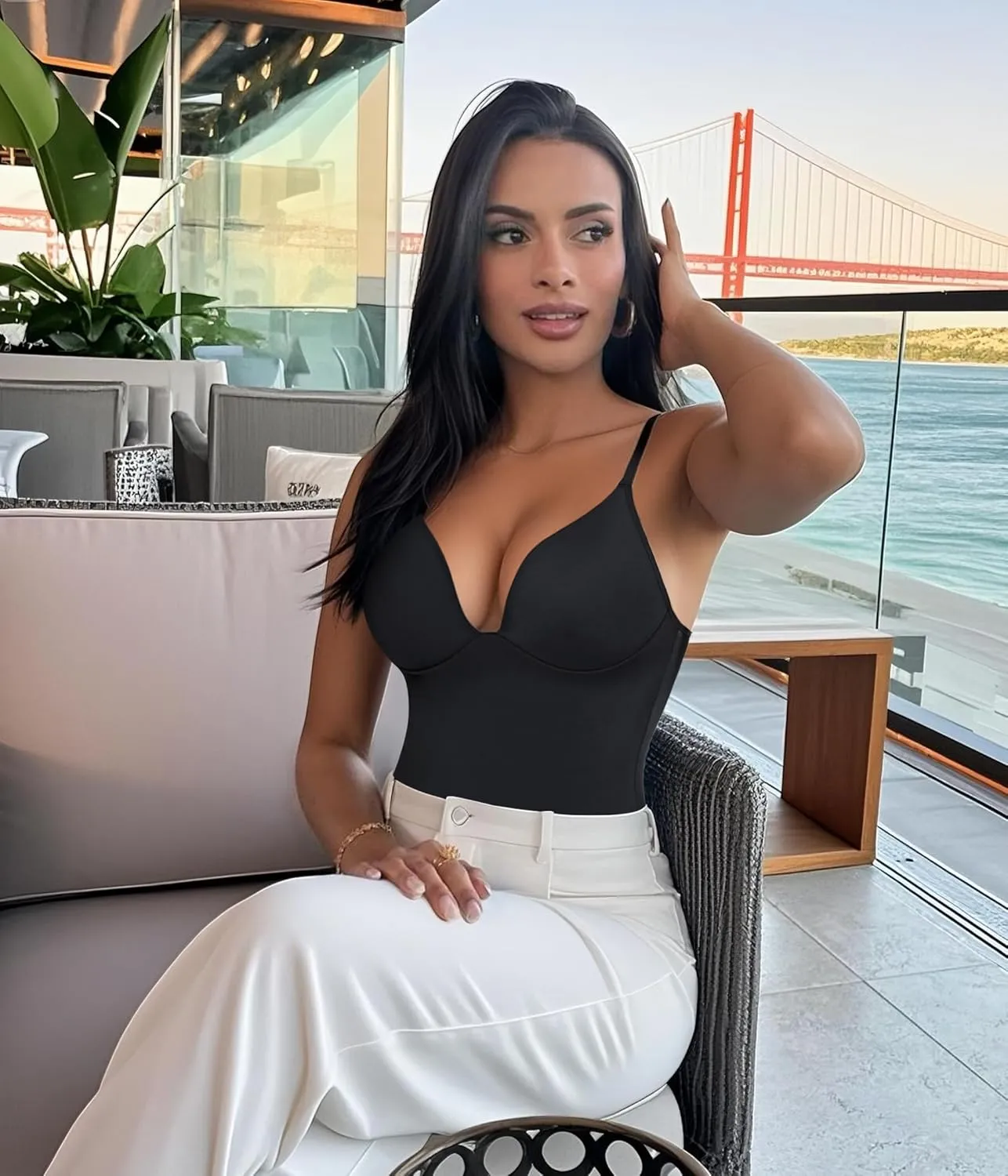 LODAY Shapewear Bodysuits for Women Deep V Neck Body Suit with Built in Bra