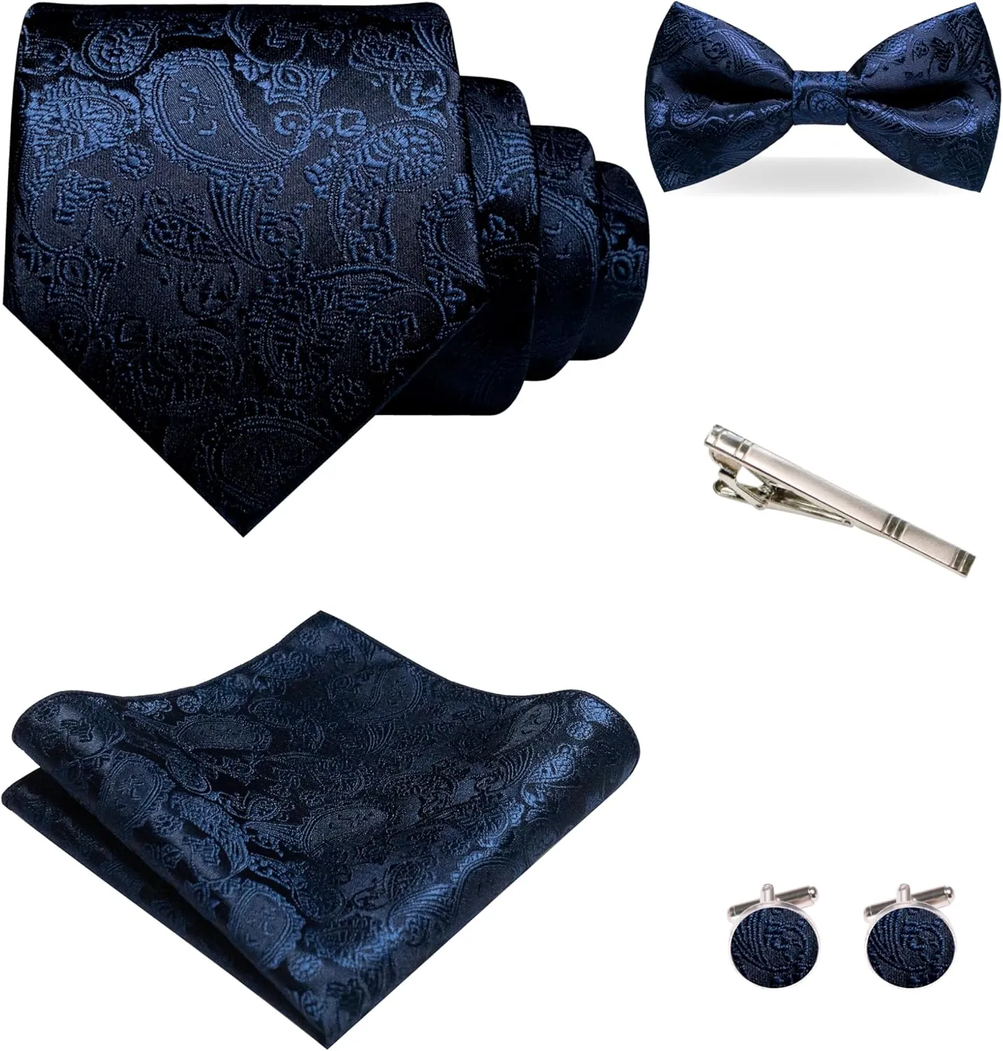 Mens Paisley Tie and Pre-tied Paisley Bow Tie with Pocket Square Cufflinks Clip Set