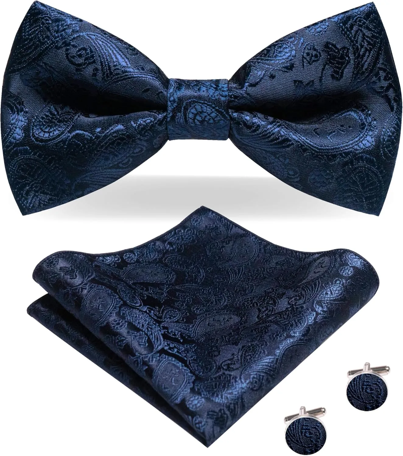 Mens Paisley Tie and Pre-tied Paisley Bow Tie with Pocket Square Cufflinks Clip Set