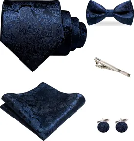 Mens Paisley Tie and Pre-tied Paisley Bow Tie with Pocket Square Cufflinks Clip Set