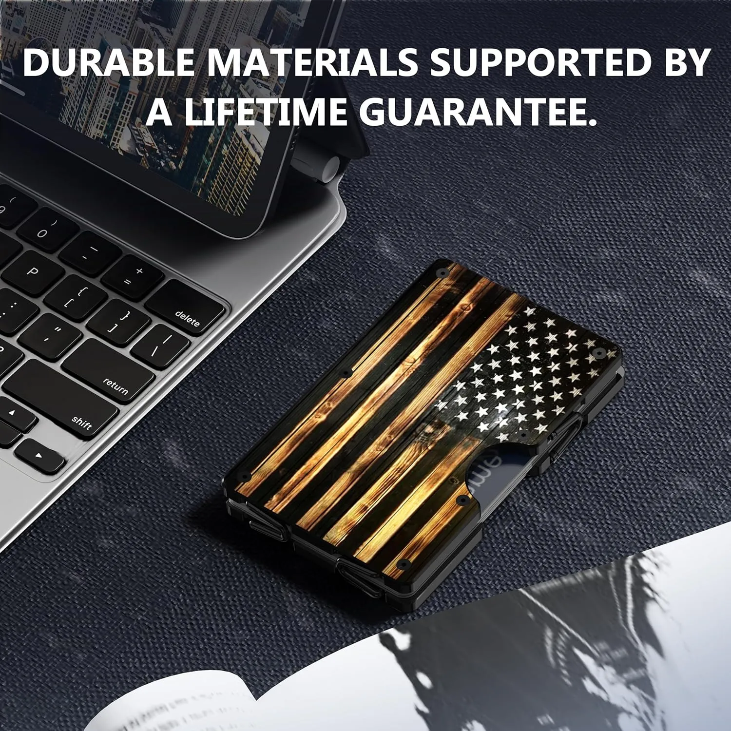 Minimalist Aluminum Wallet for Men, Slim RFID Blocking Money Clip, Front Pocket Metal Card Holder for Business Travel, Wood Grain American Flag, Personalized USA Gifts for Soldiers Veteran