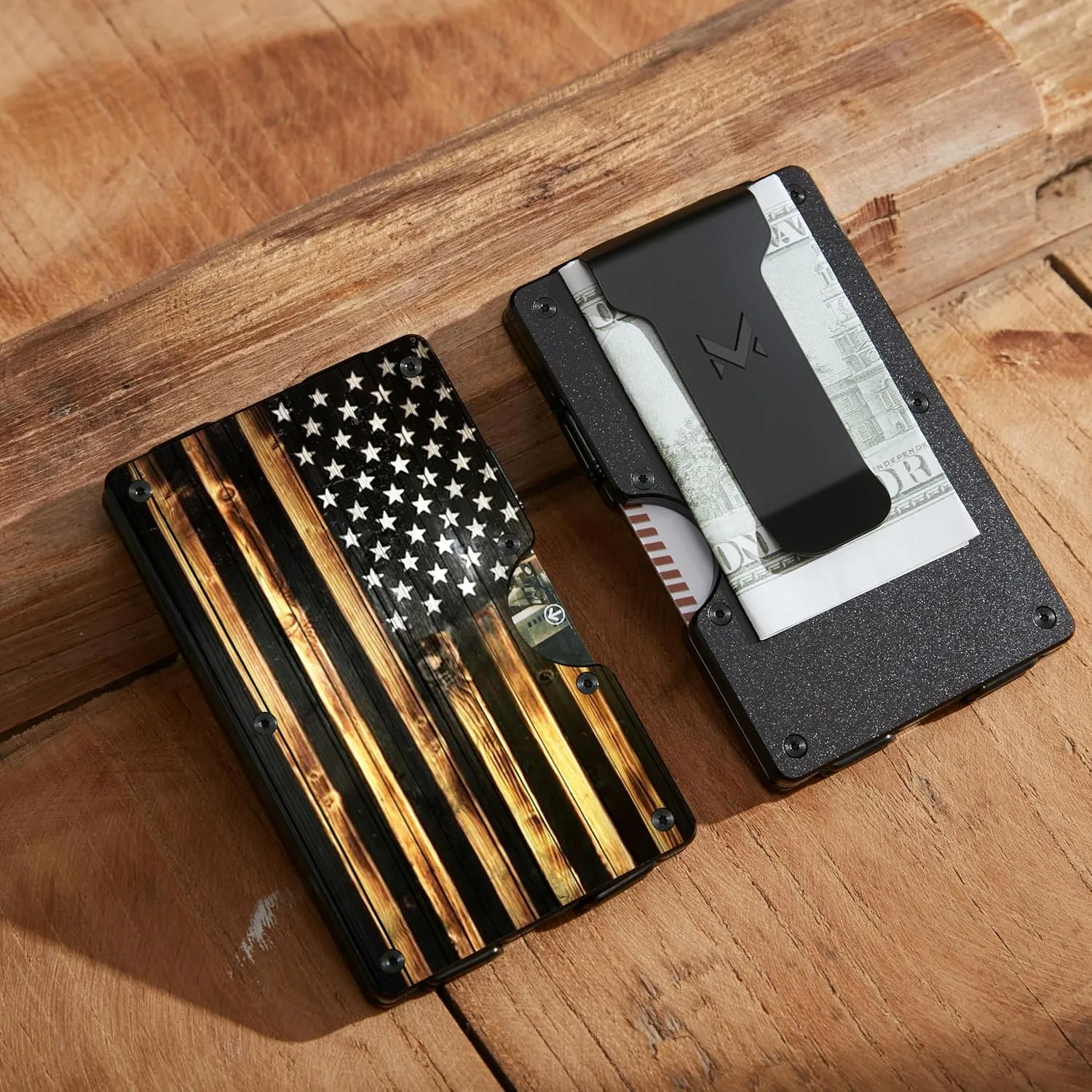 Minimalist Aluminum Wallet for Men, Slim RFID Blocking Money Clip, Front Pocket Metal Card Holder for Business Travel, Wood Grain American Flag, Personalized USA Gifts for Soldiers Veteran