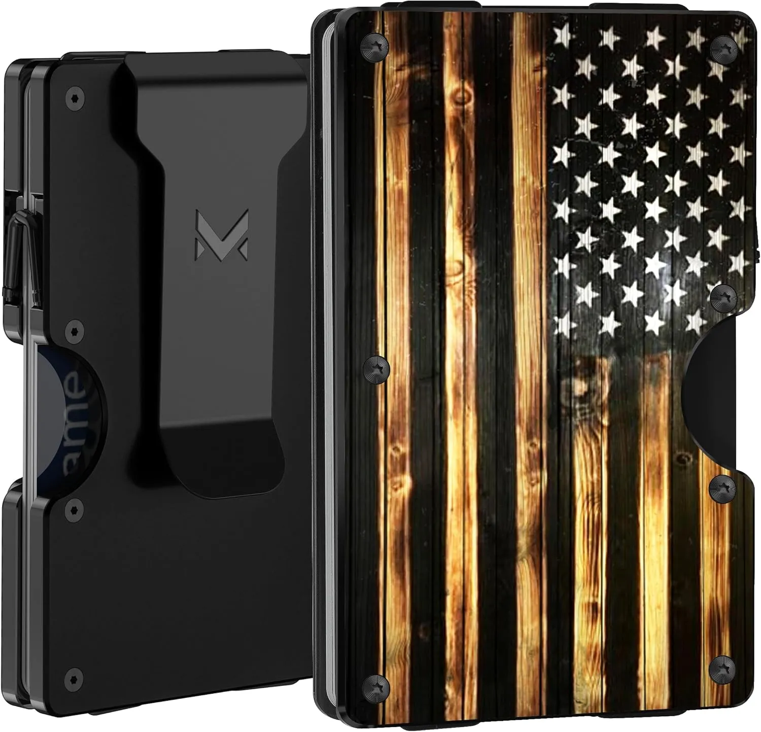 Minimalist Aluminum Wallet for Men, Slim RFID Blocking Money Clip, Front Pocket Metal Card Holder for Business Travel, Wood Grain American Flag, Personalized USA Gifts for Soldiers Veteran