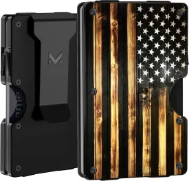 Minimalist Aluminum Wallet for Men, Slim RFID Blocking Money Clip, Front Pocket Metal Card Holder for Business Travel, Wood Grain American Flag, Personalized USA Gifts for Soldiers Veteran