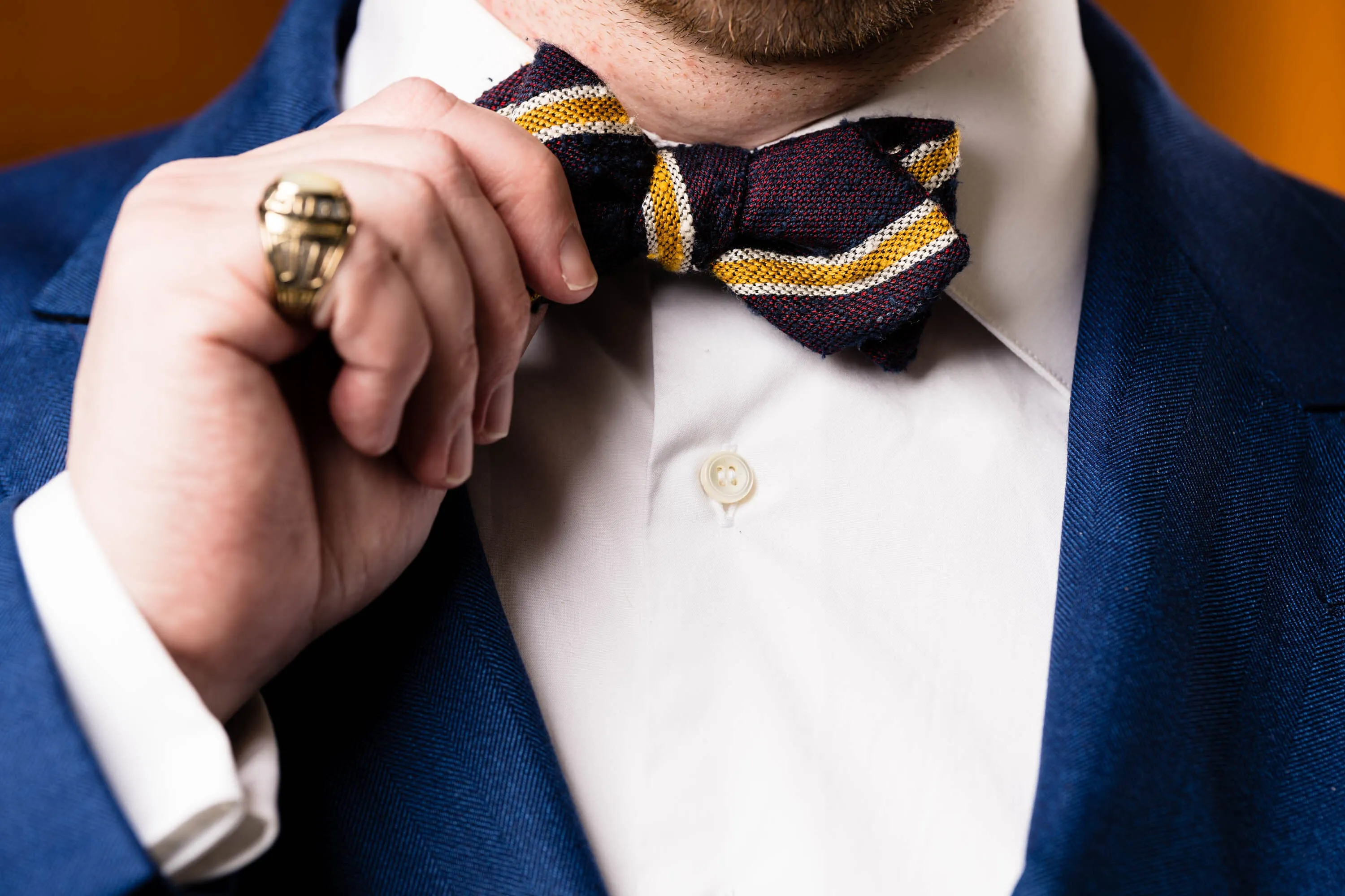 Navy, Red & Yellow Striped Shantung Silk Bow Tie