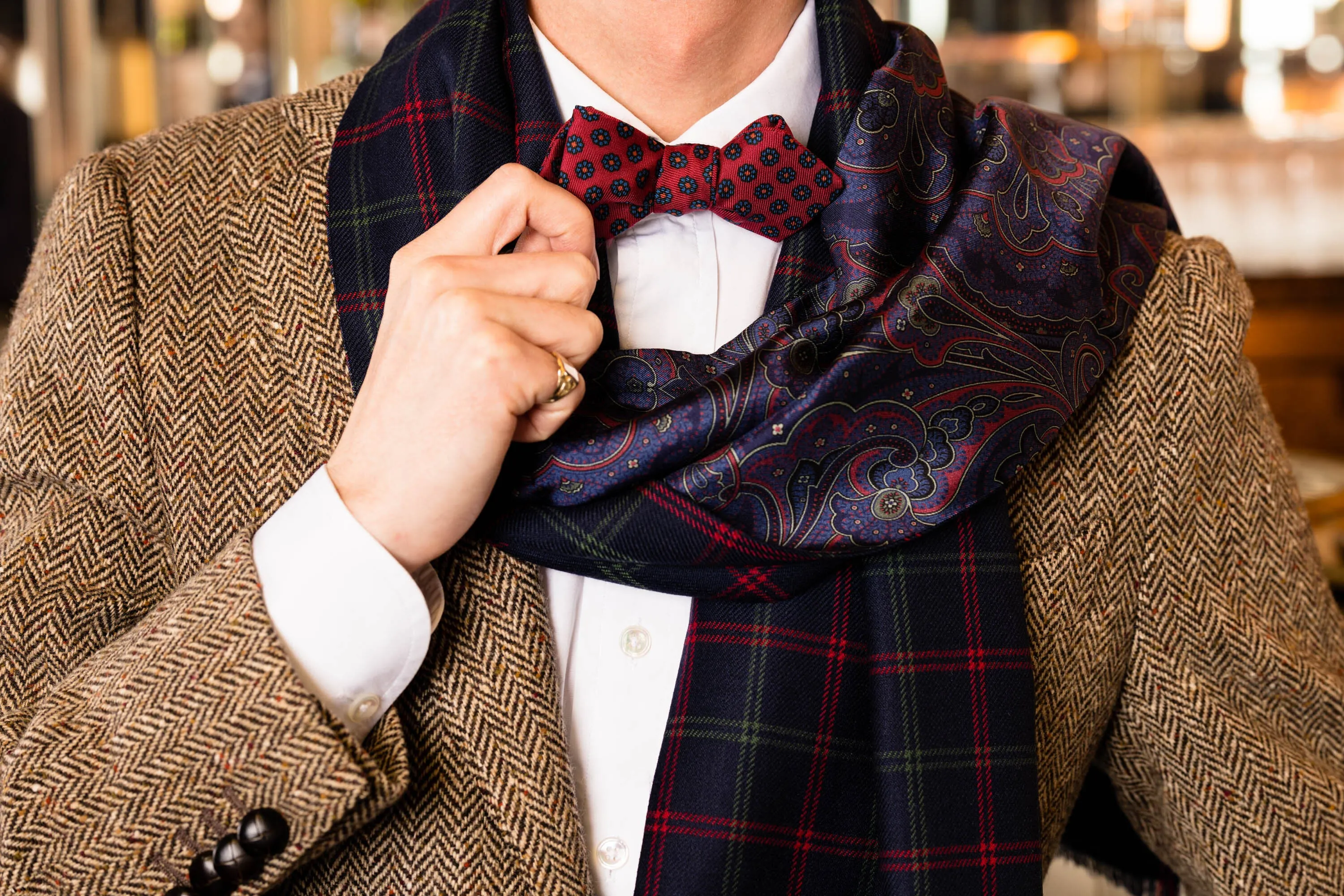 Orange Red Diamond Pattern Jacquard Woven Bow Tie
