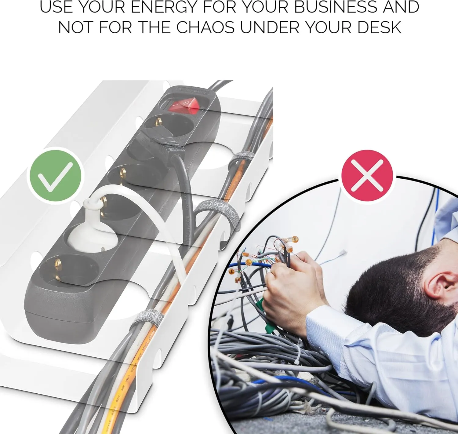 PAMO Cable Management Under Desk for Easy mounting Under-Table I Set of 2 - with 10X Cable Ties I Desk Organizer for Office/Home Office Table Thoughtful Cable Tray Holder