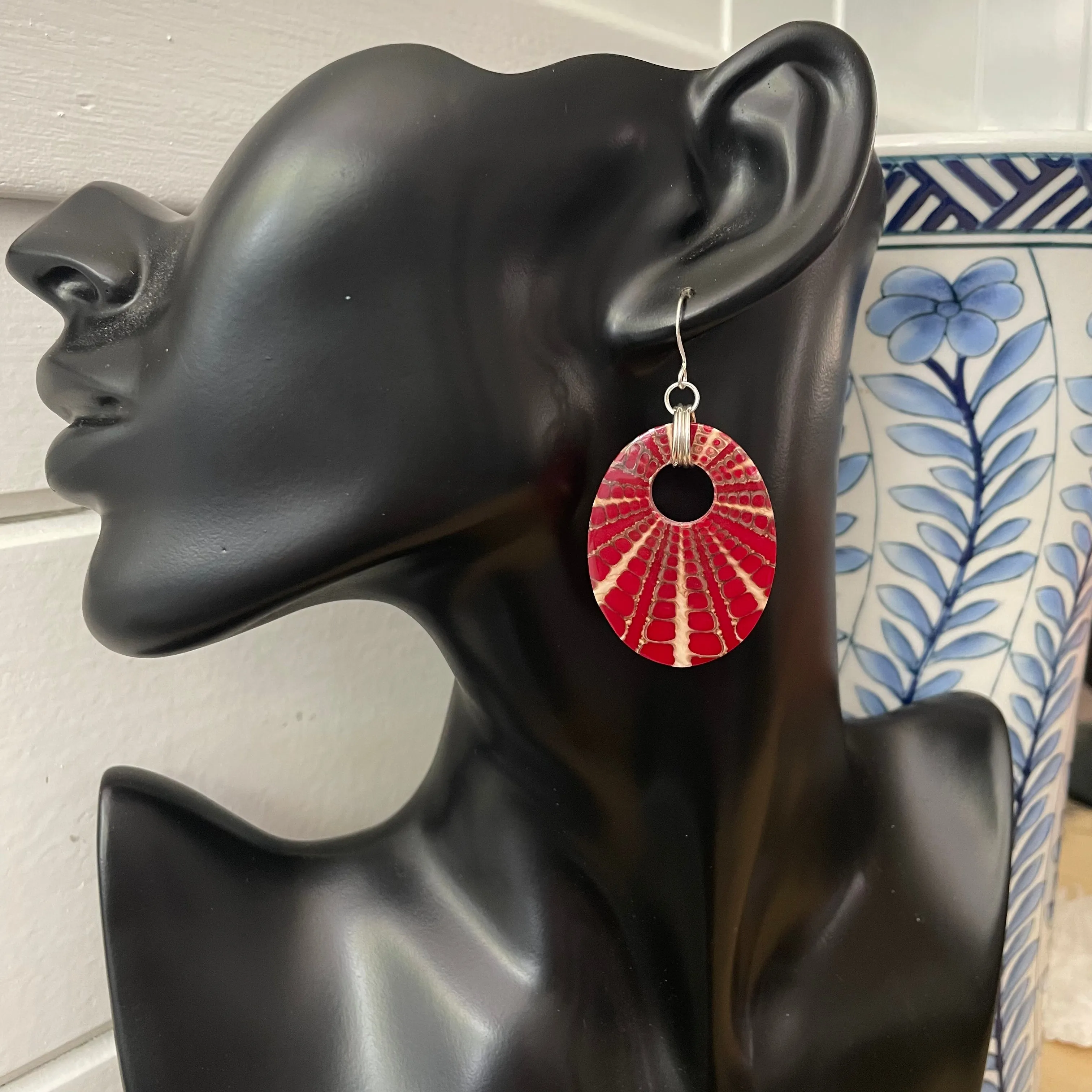 Red & Cream Acrylic Faux Shell Statement Earrings 2" Geometric Pattern Bold Colorful Women Gift Everyday Fashion Handmade Jewelry